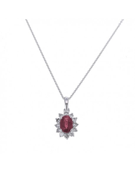 Pendentif entourage "Cyrilla" de diamants et rubis sertis griffes, 0,30  carat et saphir 1,00 carat